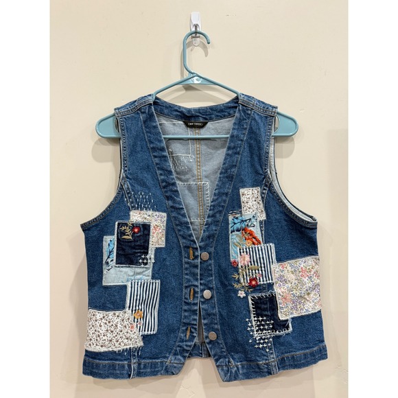 DRIFTWOOD Jackets & Blazers - 99% Cotton Womens Denim Patchwork Embroidered Floral Boho Vest Blue Large L